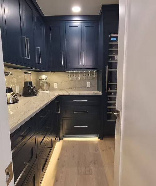 Pantry with dark cabinetry and stone counters